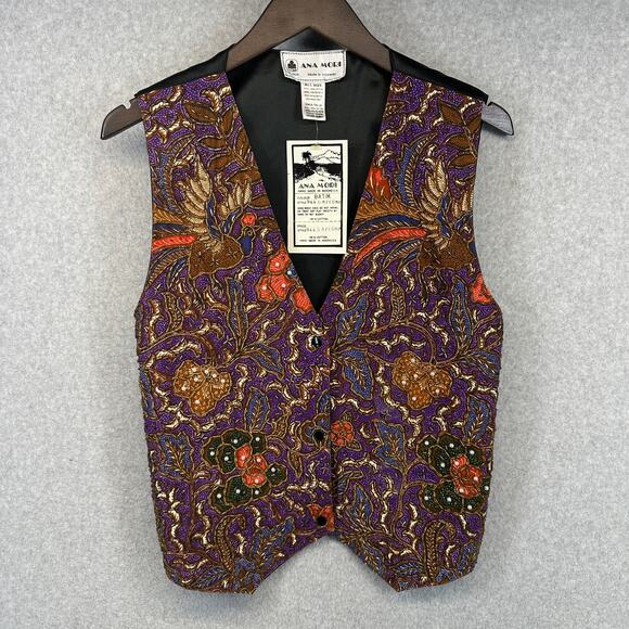 Vintage Ana Mori Vest Women Size All Size Purple Multi Floral Beaded Embellished - Picture 1 of 15